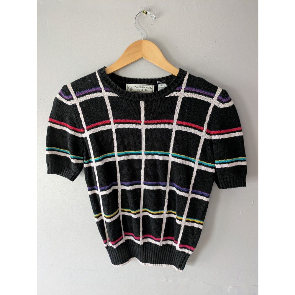 Vintage Evan Picone Petites sweater, black y2K striped, academia, Ramie, XS